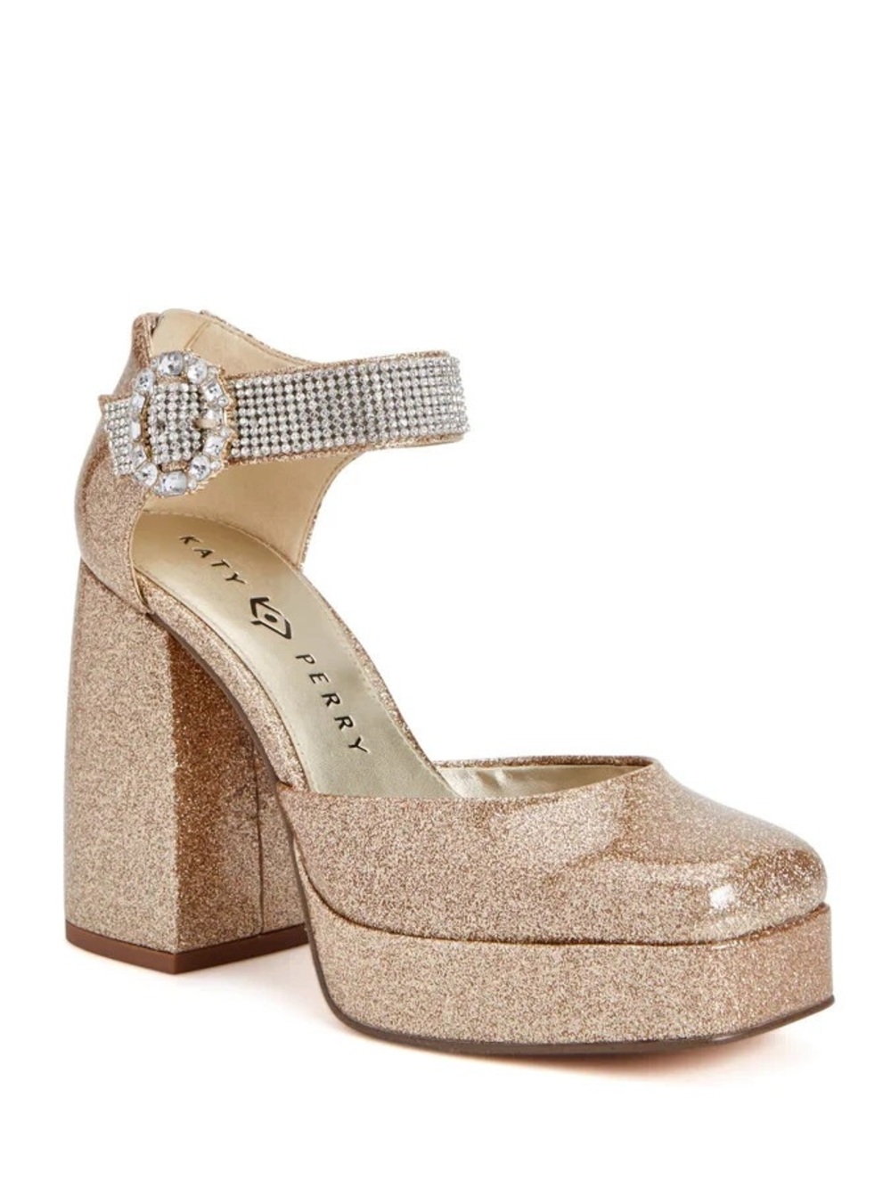 Katy Perry Collections Rose Gold Glitter Platform Mary Jane with Crystal Buckle